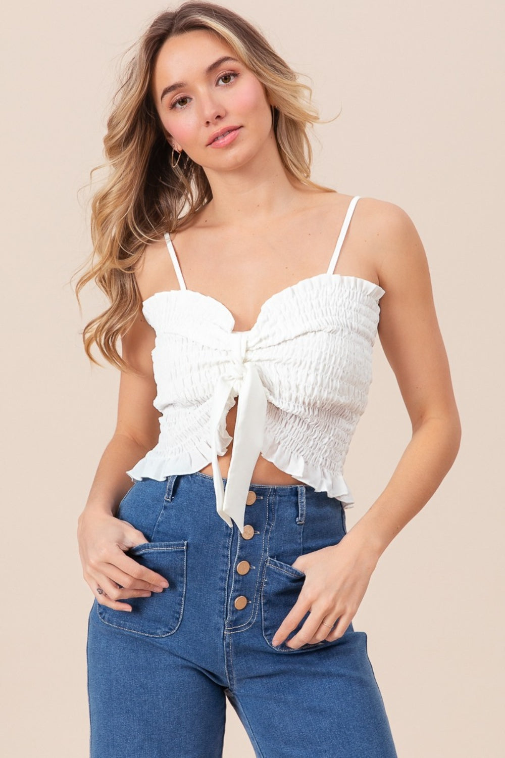 bibi ruffled smocked ribbon detail cami