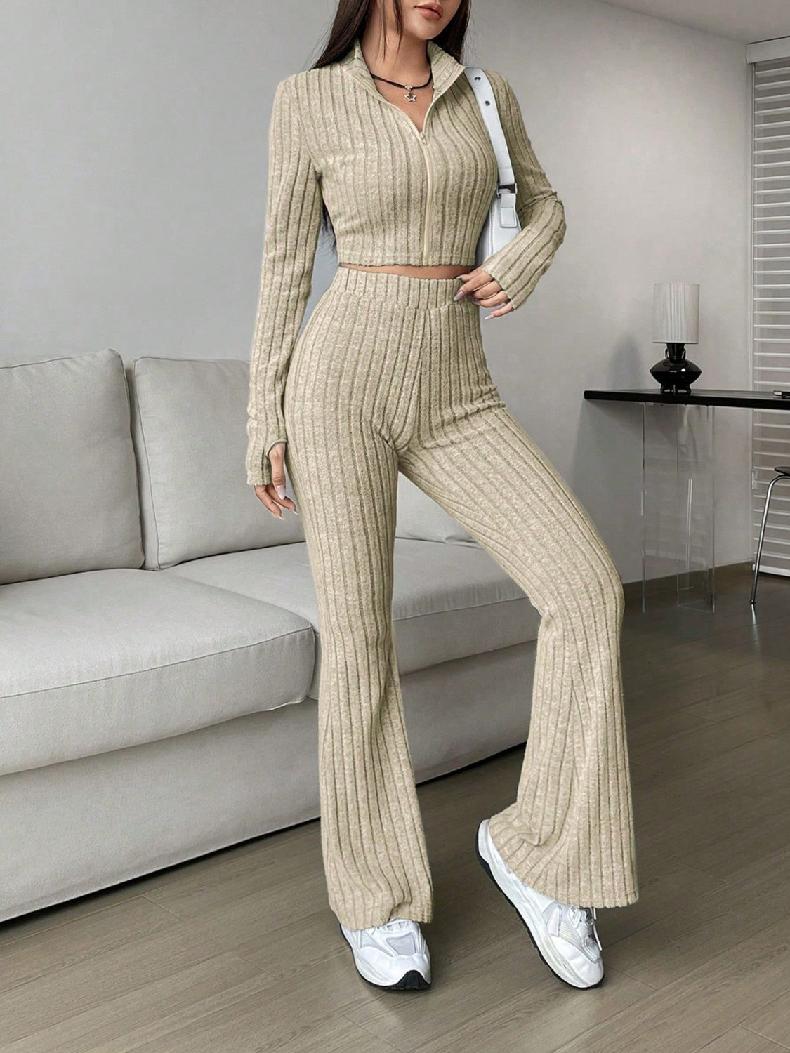 honey zip up long sleeve top and pants set