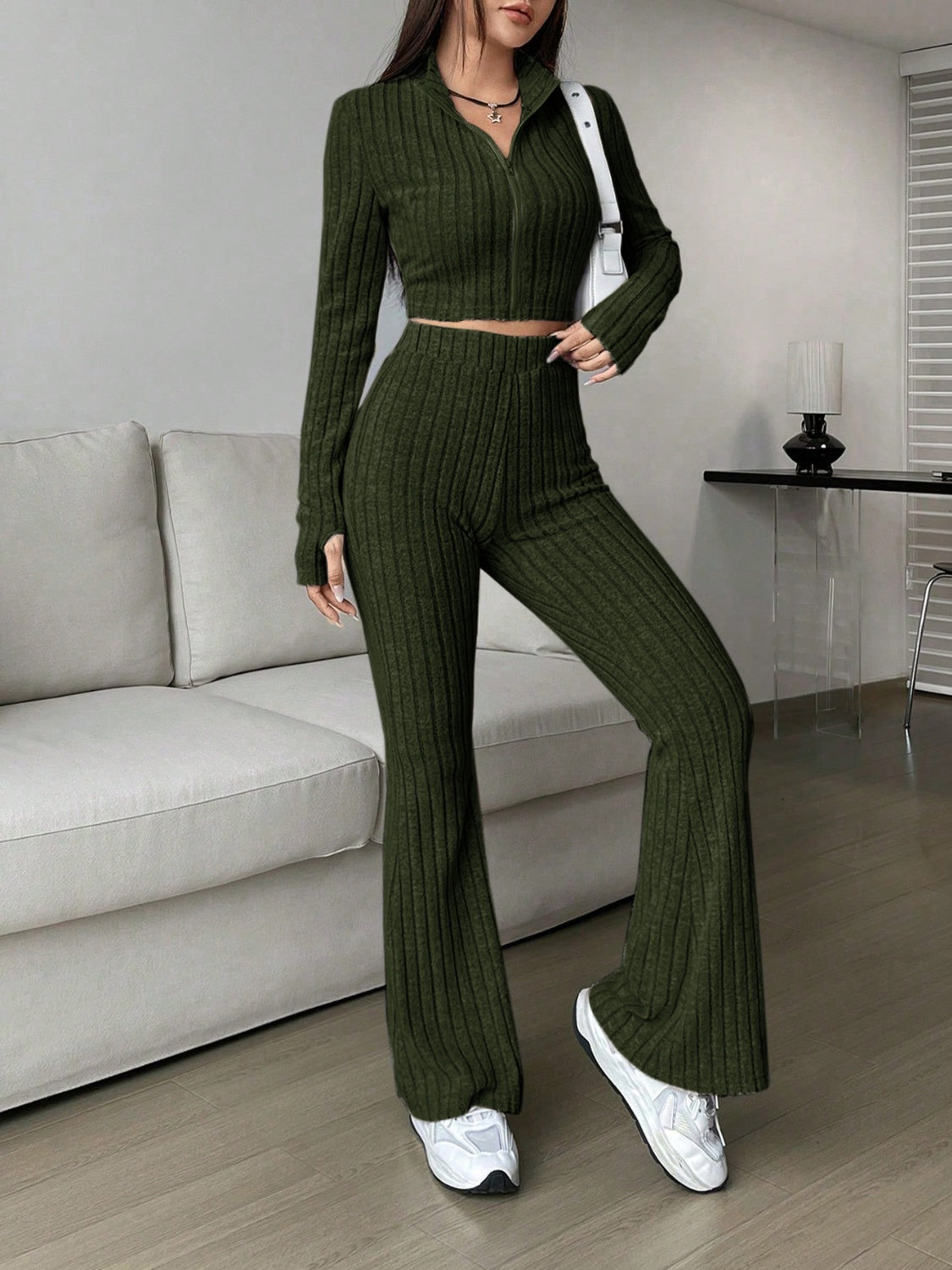 honey zip up long sleeve top and pants set