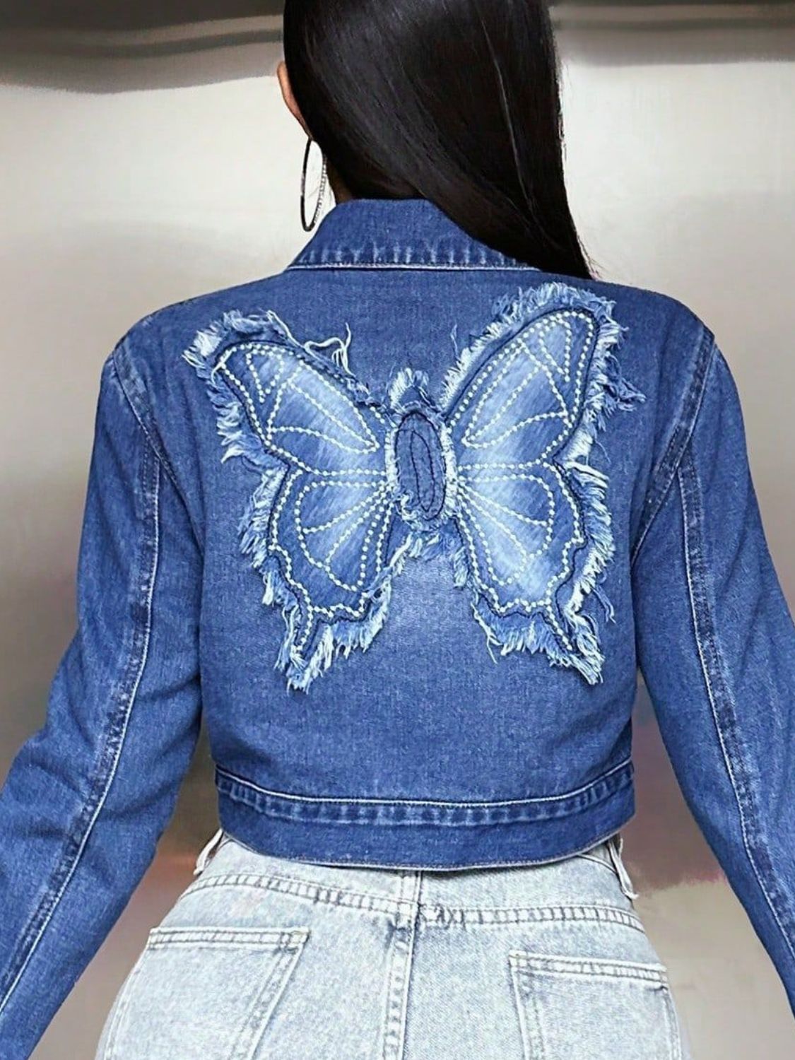 butterfly patch long sleeve cropped denim top