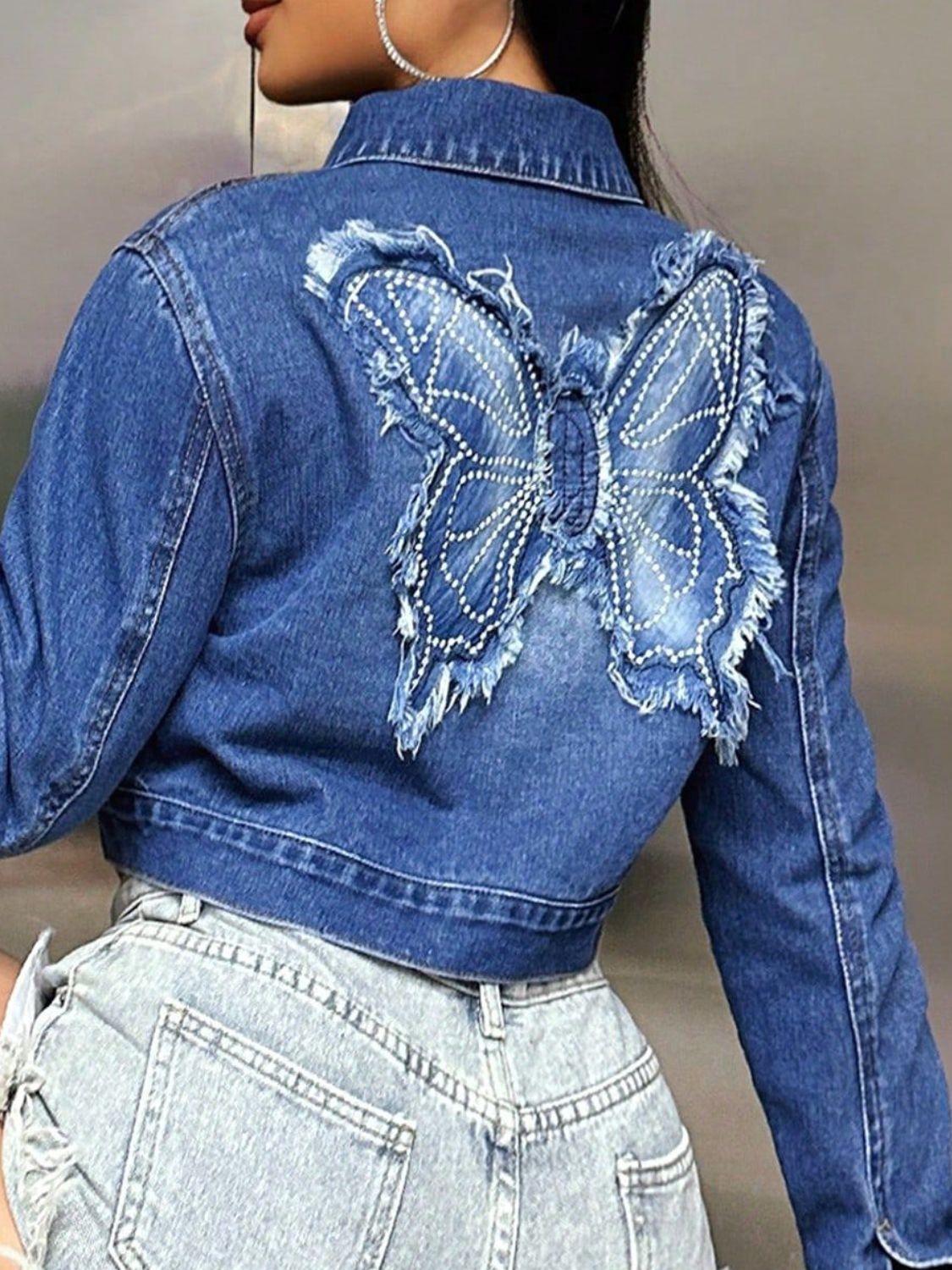 butterfly patch long sleeve cropped denim top