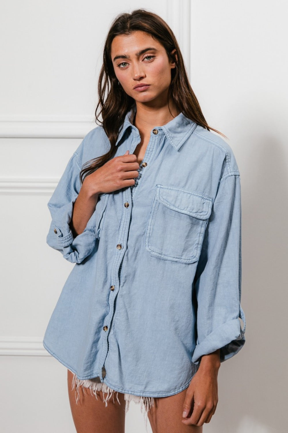 bibi button down stitch detail shirt with chest pockets