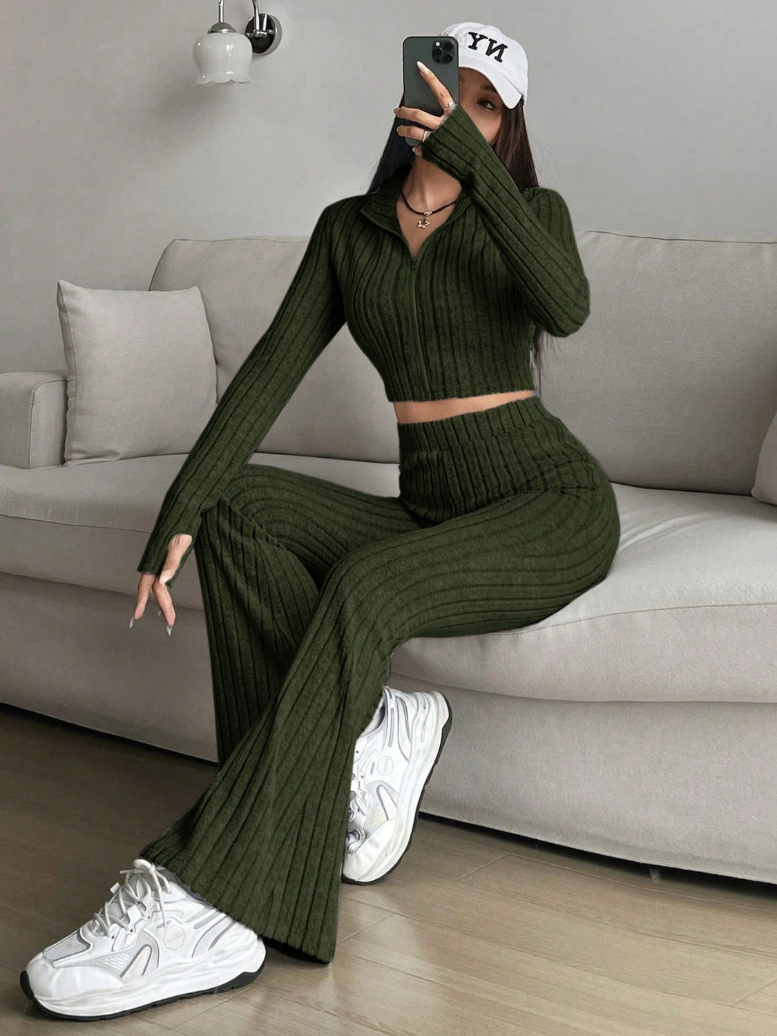 honey zip up long sleeve top and pants set