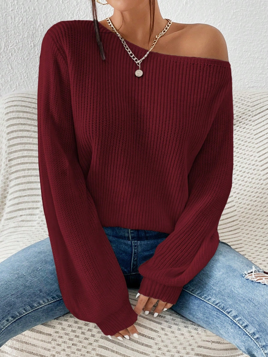 honey single shoulder long sleeve sweater