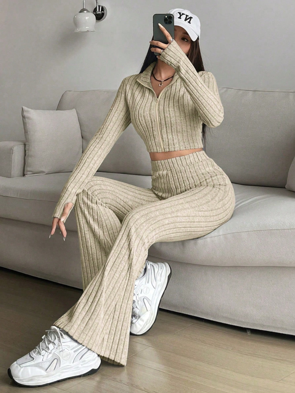 honey zip up long sleeve top and pants set