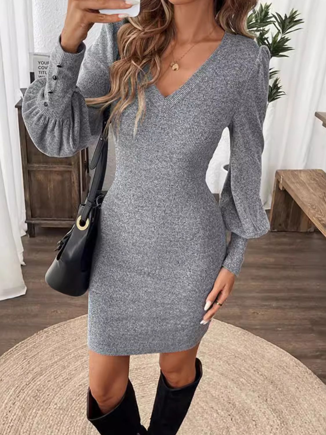 v-neck lantern sleeve dress