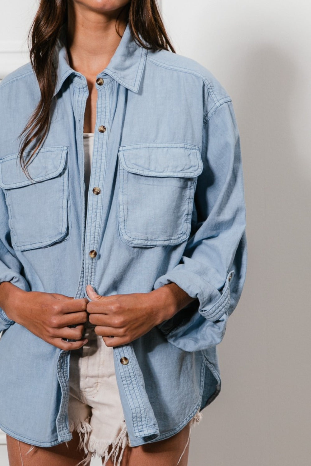 bibi button down stitch detail shirt with chest pockets