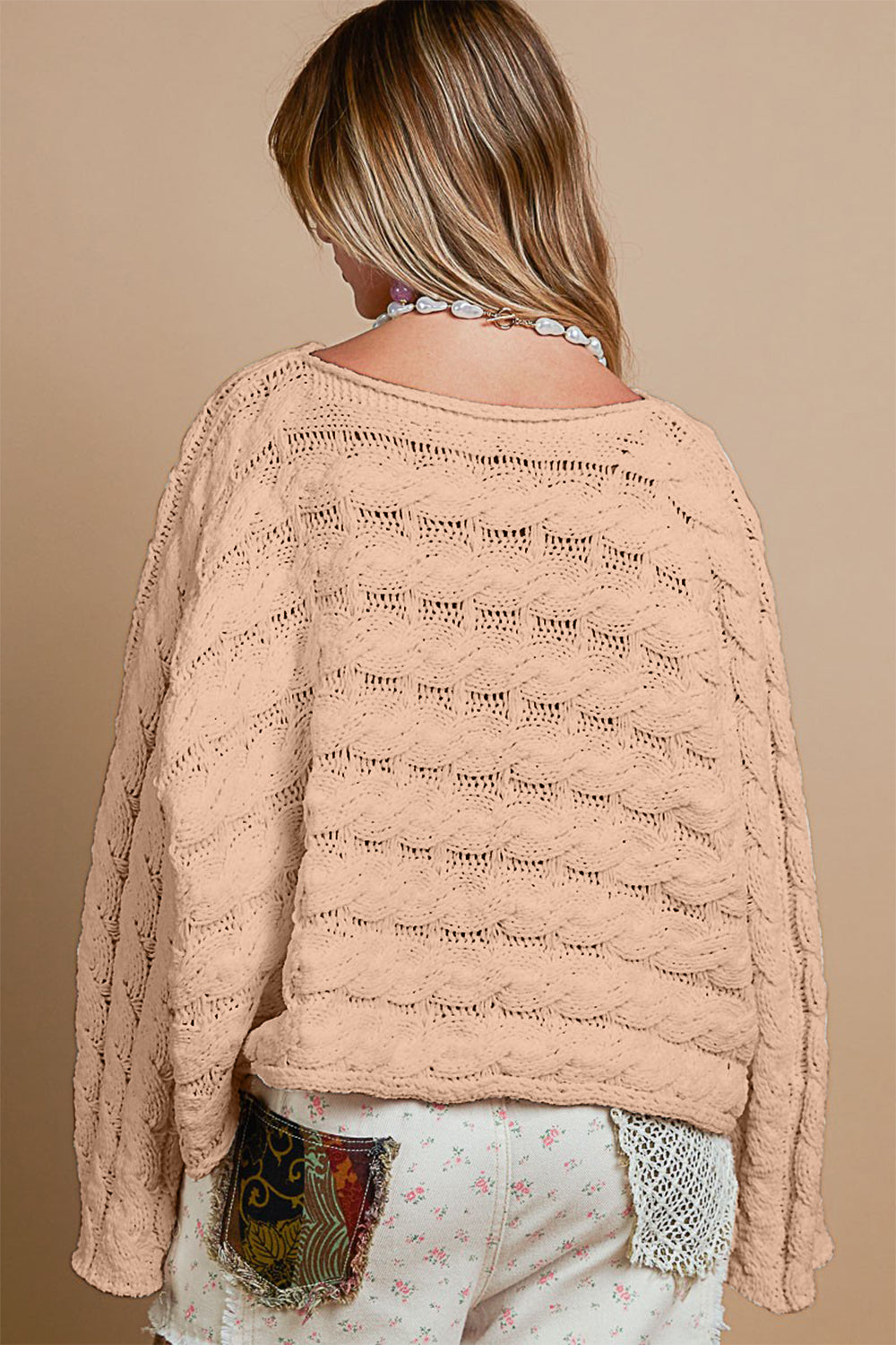 pol round neck cable knit cropped sweater