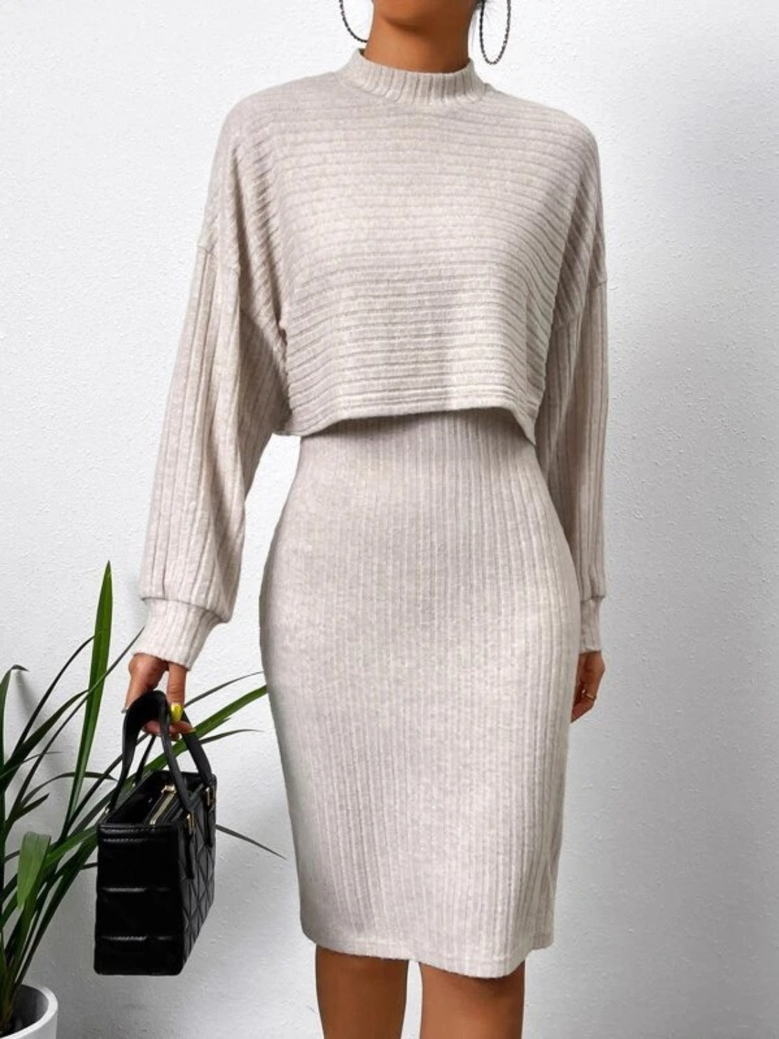 mock neck long sleeve top and wide strap dress set