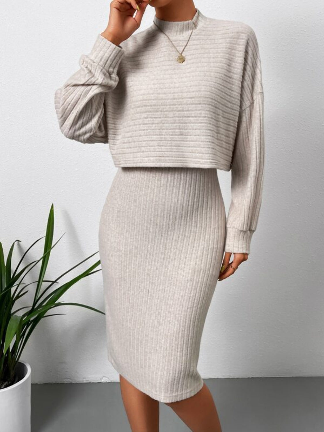 mock neck long sleeve top and wide strap dress set