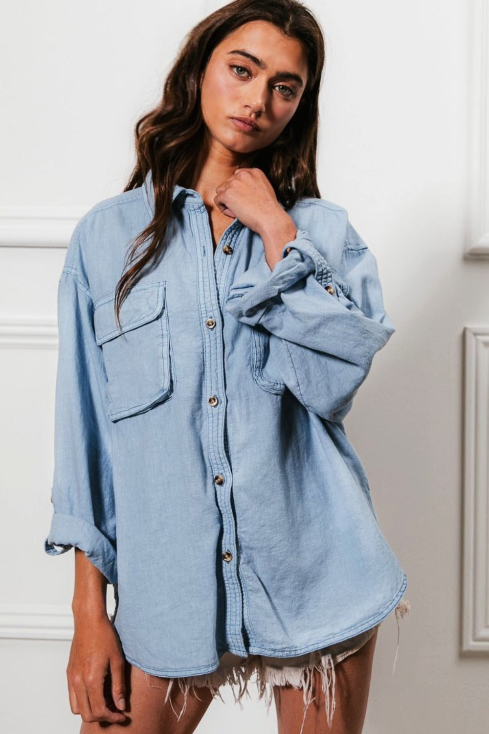 bibi button down stitch detail shirt with chest pockets