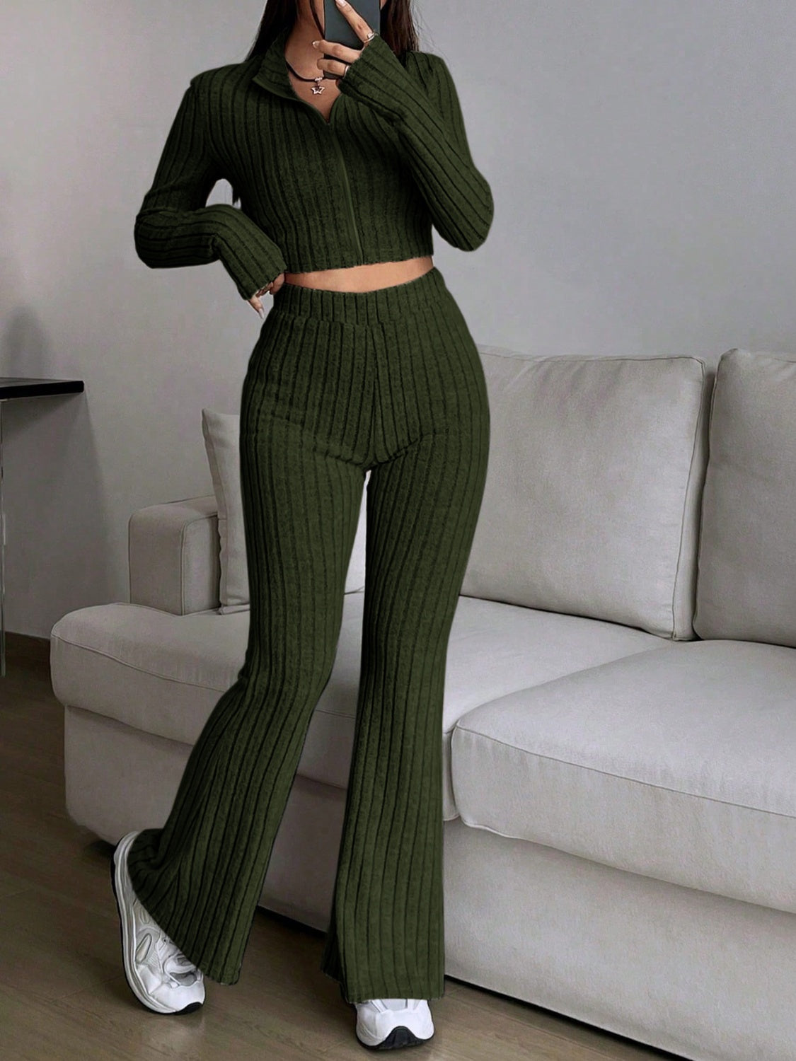 honey zip up long sleeve top and pants set