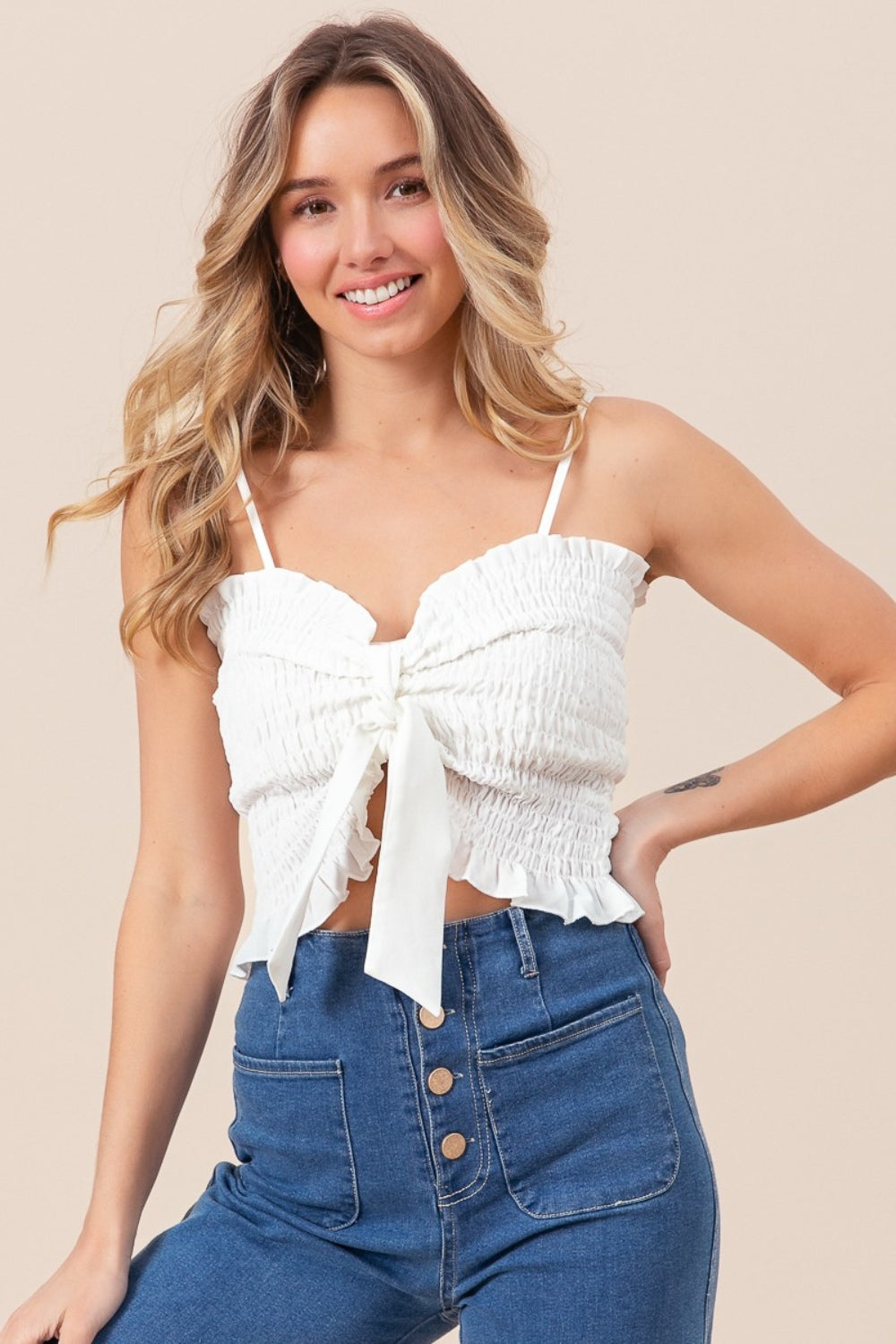 bibi ruffled smocked ribbon detail cami