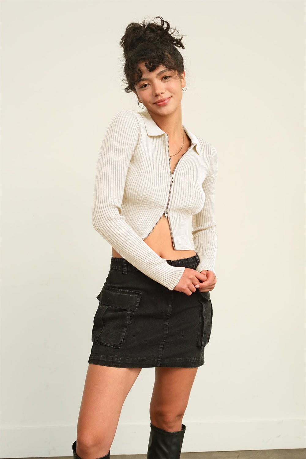 hyfve ribbed double zip cropped cardigan